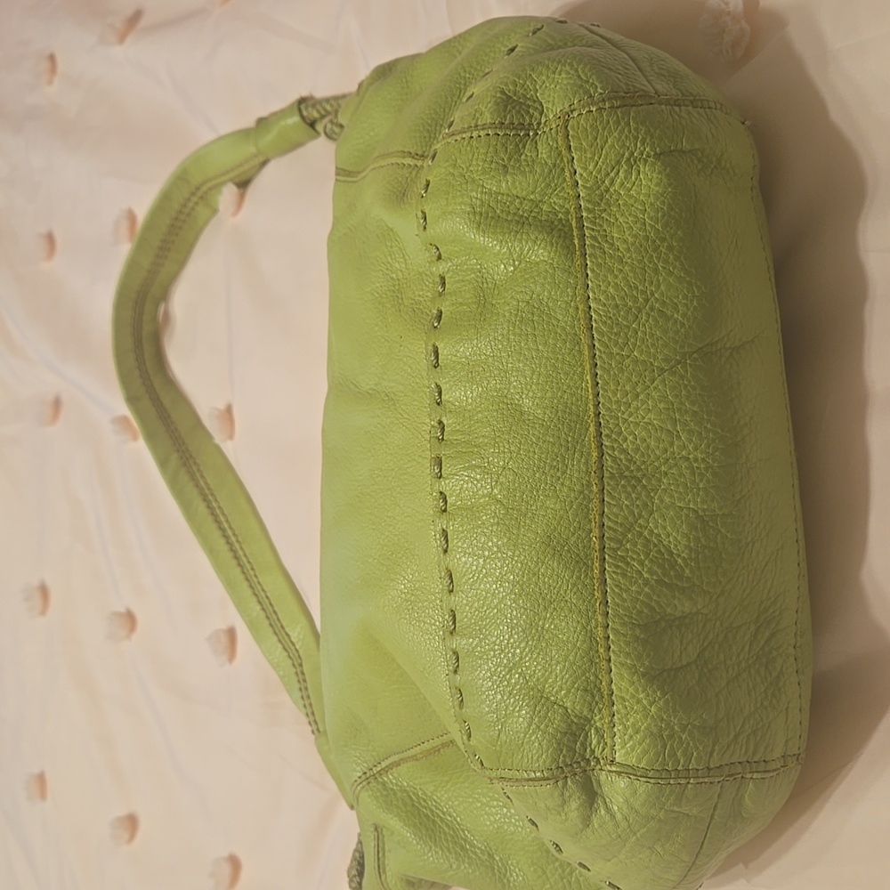 The Sak Lime Green Leather Boho Shoulder Bag Zip Close Beads Charms 15"w x11"h - Picture 6 of 10